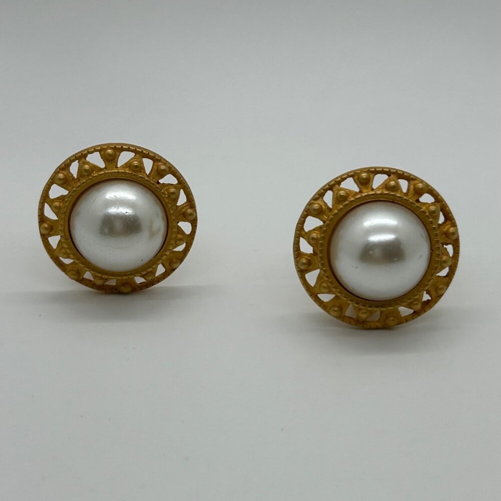 Vintage Anne Klein  Earrings Gold Tone Faux Pearl Button Texture Clip On READ